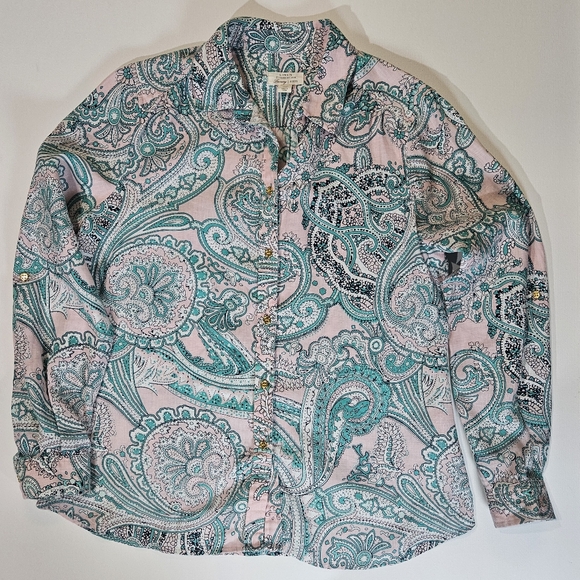 Charter Club Linen Blouse Womens Button Down Petite‎ Medium Pastel Paisley Boho - Picture 1 of 5